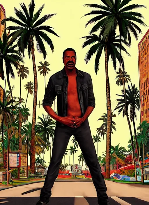 Image similar to eddie murphy gta v los santos in background, palm trees. in the art style of stephen bliss.