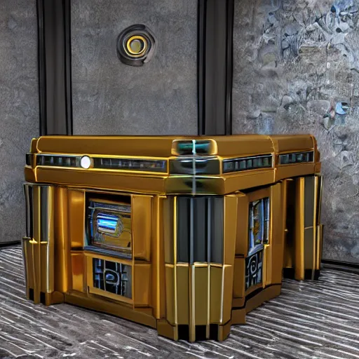 Image similar to Art Deco Tardis console and interior, 3d render, hyper realistic, unreal engine, detailed