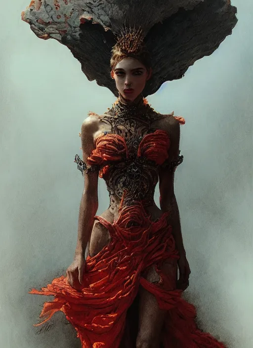 Prompt: Girl at a fashion show in hell, model a magnificent McQueen couture bright clothes, fashion style, fire, lava, intricate, elegant, highly detailed, artstation, concept art, smooth, sharp focus, illustration, art by and greg rutkowski and orientalism and bouguereau and Zdzislaw Beksinski