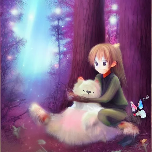 Prompt: kawai and fluffy creature in magical forest by Adamo