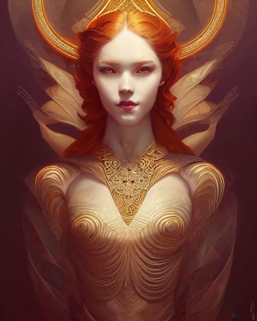 Image similar to Beautiful and playful ethereal ginger portrait, art deco, fantasy, intricate art deco golden designs, elegant, highly detailed, sharp focus, art by Artgerm and Greg Rutkowski and WLOP