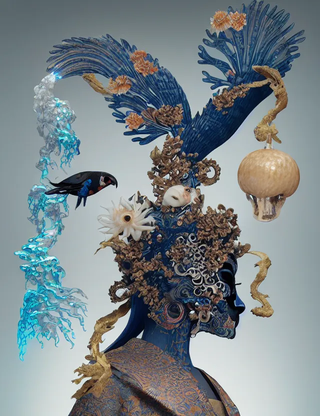 Image similar to 3 d goddess bottom - up with ram skull. beautiful intricately detailed japanese crow kitsune mask and clasical japanese kimono. betta fish, jellyfish phoenix, bio luminescent, plasma, ice, water, wind, creature, artwork by tooth wu and wlop and beeple and greg rutkowski