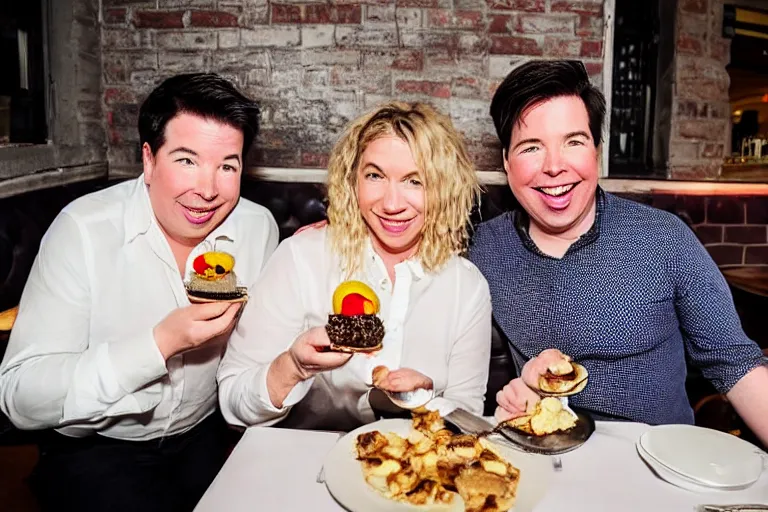 Image similar to portait of michael mcintyre and middle aged blonde woman with short hair and a blonde woman with long hair having dessert at sunday in brooklyn restaurant