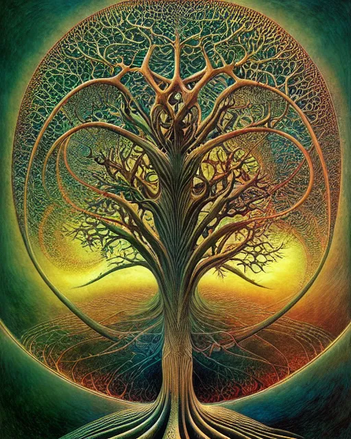 Prompt: tree of life by roger dean and andrew ferez, art forms of nature by ernst haeckel, divine chaos engine, symbolist, visionary, art nouveau, botanical fractal structures, organic, detailed, realistic, surreality