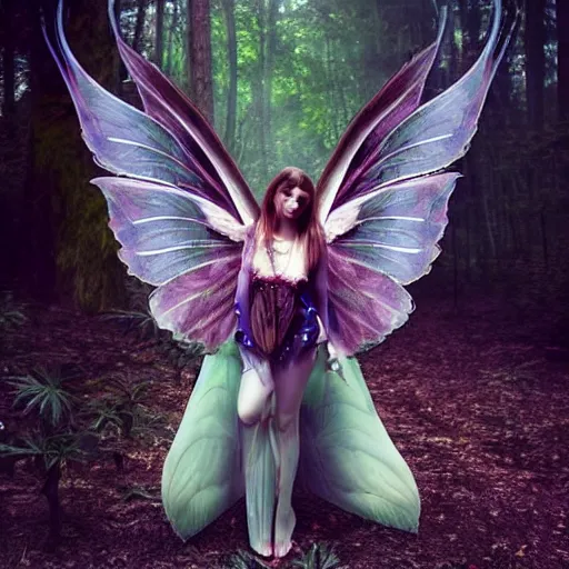 Image similar to beautiful fairy, fantasy, cannabis wings, symmetrical face, full body, dramatic lighting, forest, dreamy