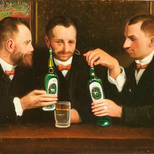 Prompt: three young men enjoying fernet branca and beer at a local pub, painting, 1900, n- 4