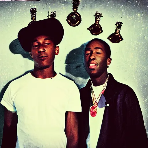 Image similar to A photo of ASAP Rocky and Tyler The Creator in a Victorian mansion, 8K concept art, vintage camera, fish eye lens