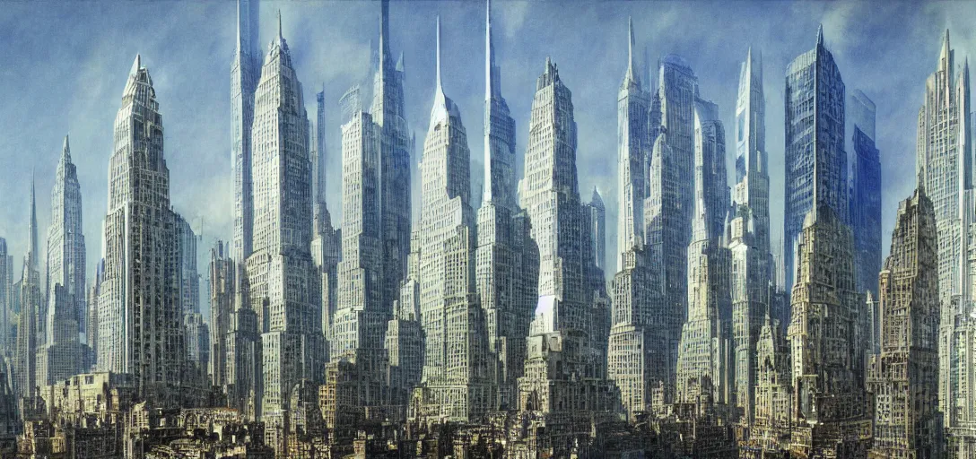 Image similar to A futuristic landscape of New York City with domes and very tall buildings in the year 2050 by Alan Lee