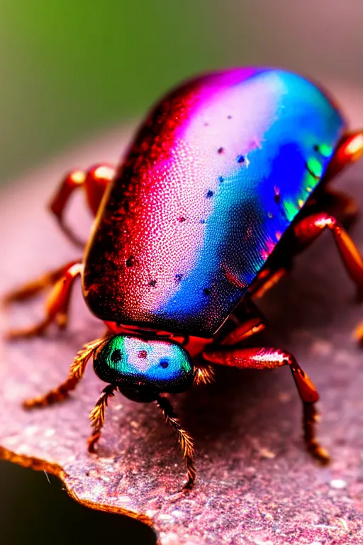 Image similar to high quality macro photo iridescent Red spotted crystal beetle! gorgeous highly detailed david ligare elson peter cinematic blue lighting high quality low angle hd 8k sharp shallow depth of field