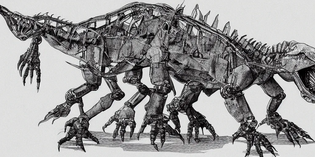 Image similar to leonardo da vinci's technical sketch of a robotic dinosaur, highly detailed