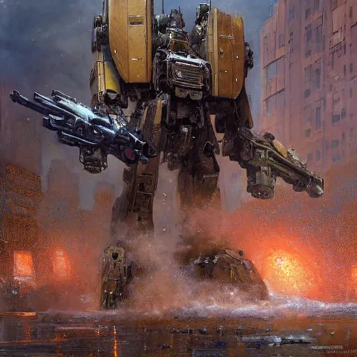 Prompt: six meters tall mech fighting in an urban environment, epic action scene, ultra realistic illustration by gaston bussiere craig mullins jc leyendecker gustav klimt artgerm greg rutkowski john berkey, bergey, craig mullins, ruan jia, raymond swanland, jeremy mann, tom lovell, alex malveda, ray casting, hdr