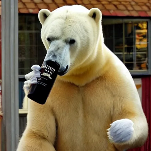 Prompt: Polar bear with a polar beard drinking a polar beer