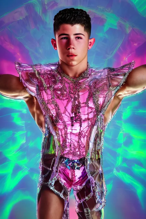 Image similar to hyper detailed ultra sharp fullbody photo of baroque and cyberpunk transparent pink gem sculpture of a muscular seductive young nick jonas feeling muy cachondo, muy dotado, iridescent humanoid deity wearing pink plastic seethrough cloak, holding a rainbow tiger gem, blue diamond, glowing pink face, crown of white diamonds, cinematic lighting, photorealistic, octane render 8 k