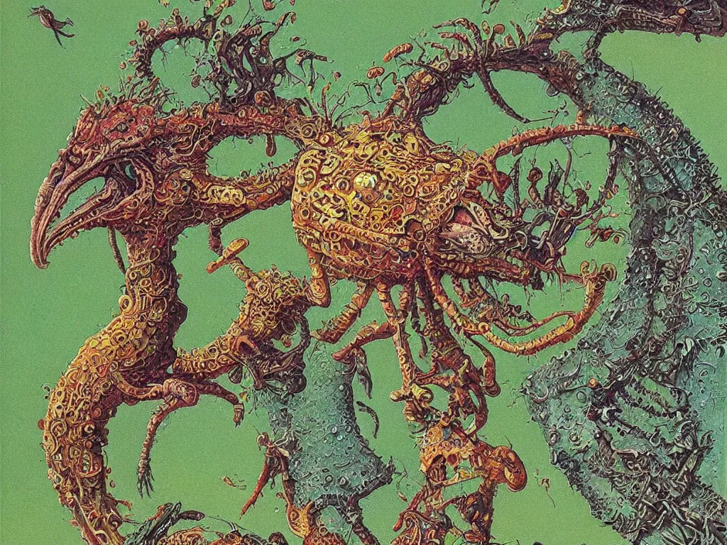 Prompt: close up view of a creature from codex seraphinianus. painting by roger dean