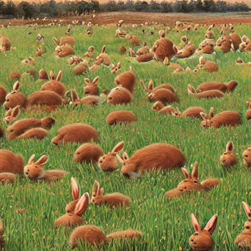 Image similar to A Hundred Bunnies in a large field, realistic, highres, high detail