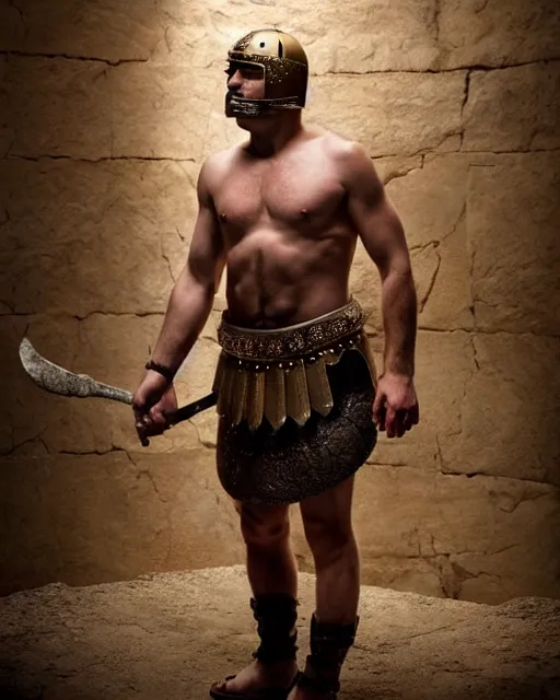 Prompt: high quality photo of joe rogan as a gladiator in the roman colliseum, ornate, masterpiece, cinematic composition, studio lighting,