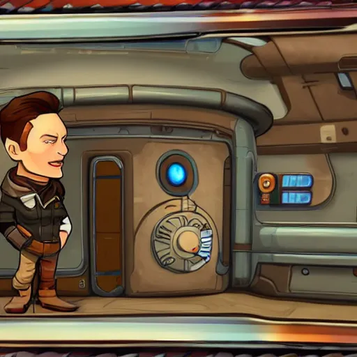 Image similar to portrait of elon musk in deponia, in game graphic, pc gameplay, screenshot, high quality