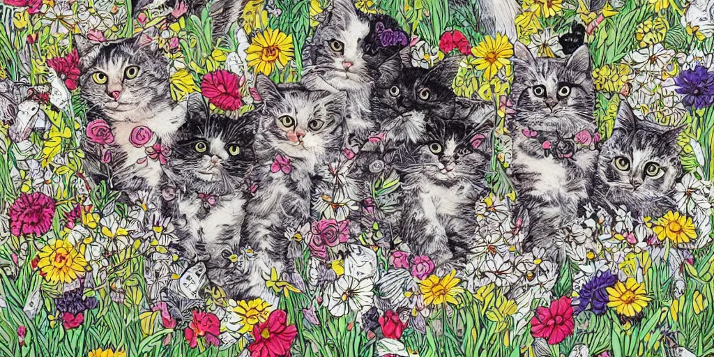 Image similar to detailed intricate ink illustration, a group of cat playing in a garden of flowers, a mix media painting by Sandra Chevrier