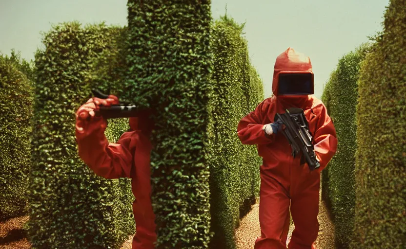 Image similar to cinestill 5 0 d photographic portrait by helen levitt of dark red hazmat scientists with guns walking through a brutalist hedge maze, extreme closeup, cinematic, modern cyberpunk, dust storm, 8 k, hd, high resolution, 3 5 mm, f / 3 2, tenet