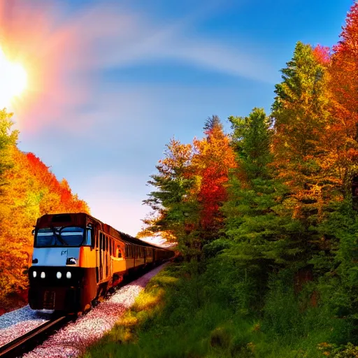 Image similar to train, touring Quebec, trees, scenery, artistic, hyper realistic, golden hour lighting