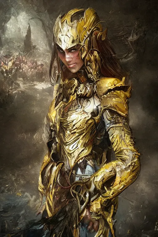 Image similar to female elven hunter armor made of yellow leaves, fantasy, amber eyes, face, long hair, intricate, elegant, highly detailed, digital painting, artstation, concept art, smooth, sharp focus, illustration, art by artgerm and greg rutkowski and alphonse mucha