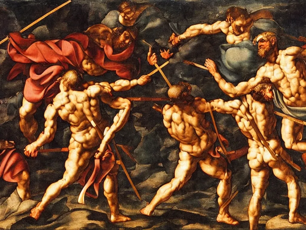 Prompt: Cain with a spear vs Abel by Michelangelo, mythological painting, oil painting