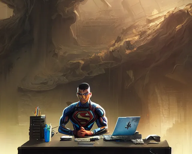 Image similar to an insanely detailed painting of a asian man wearing a superhero costume, sitting at a desk, staring at the nervously at the computer and typing, in the style of peter mohrbacher, dramatic lighting and composition, surreal background, octane render, pixar, trending on artstation, concept art, comic book, view from behind