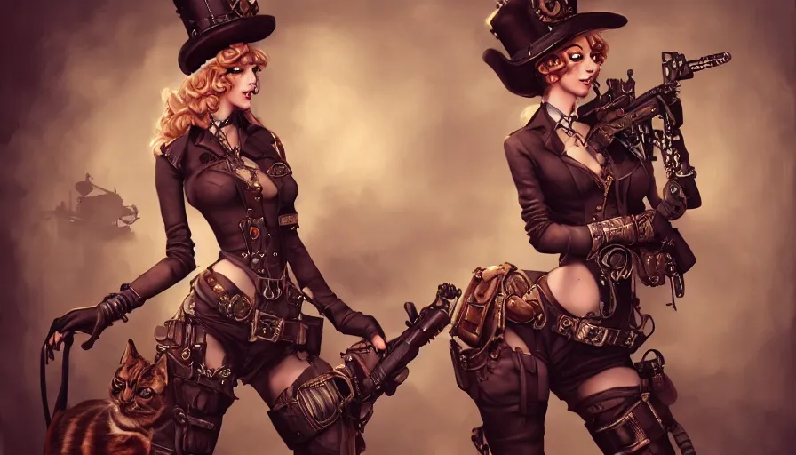 Image similar to steampunk girls with their cats and guns, masterpiece, pinup, highly detailed, digital painting, artstation, concept art, smooth, sharp focus, illustration, Unreal Engine 5, 8K