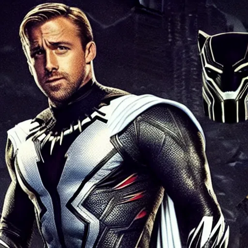 Image similar to Gosling as superhero Black Panther. Superhero 4k Unmasked Celebrity Marvel