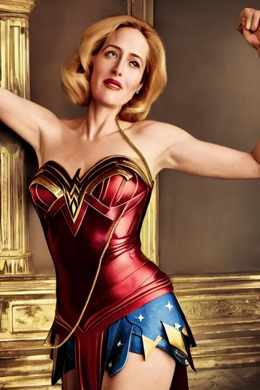 Image similar to photo of a beautiful 40-year-old Gillian Anderson dressed as wonder woman (2020) by Mario Testino and stanley lau, detailed, award winning, Sony a7R, trending on artstation