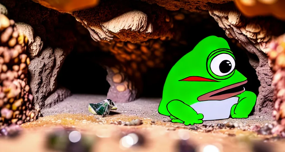 Prompt: pepe in a cave digging crystals