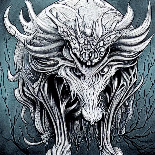 Prompt: a ghost turning into an hybrid animal, black metal style, insanely detailed