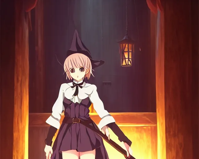 Image similar to key anime visual portrait of a young robed female witch holding a staff in a tavern interior, dynamic pose, dynamic perspective, cinematic, dramatic lighting, muted colors, fine detail, textured