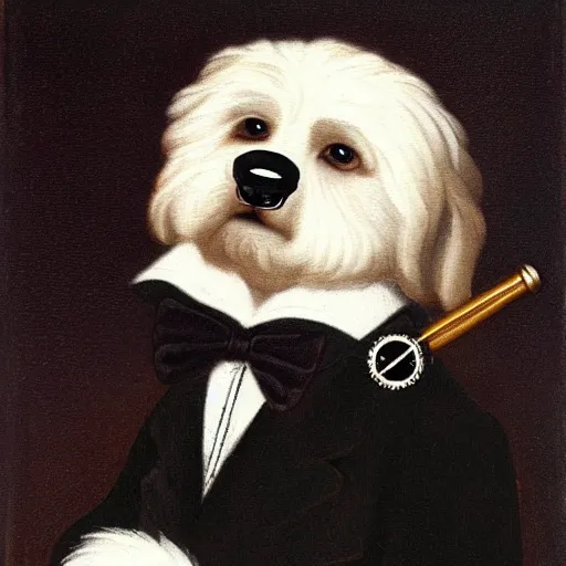 Image similar to A coton de tulear dog with black fur dressed up as a dapper english gentleman wearing a monocle and holding a pipe, renaissance oil painting, highly detailed