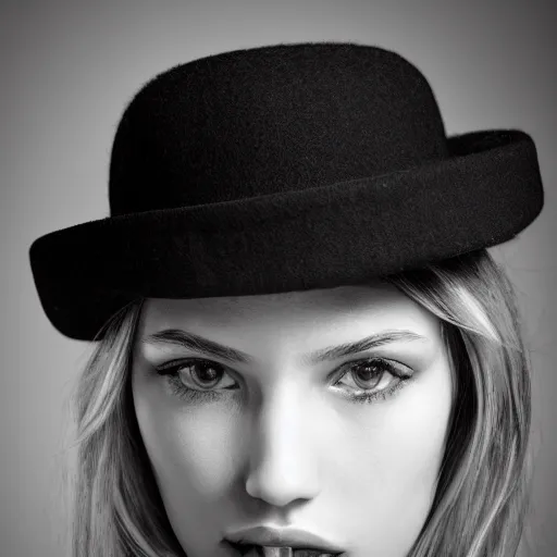 Prompt: black and white photograph of centered fashion model girl in wide !white! hat, hyperrealism style