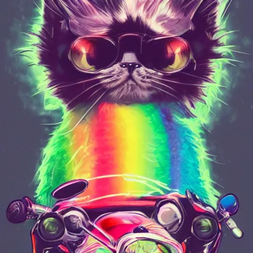 Image similar to wide angle full body, jacket wearing fluffy cute rainbow kitten wearing a black leather motorcycle jacket, riding on a motorcycle, cinematic concept art