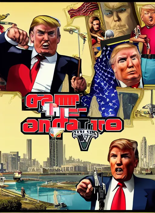 Prompt: gta 5 game poster showing donald trump with cardboard box outside mar - a - lago, wide shot, lego,