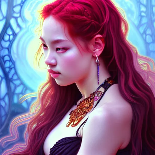 Image similar to portrait of jossi of blackpink, goddess of hell, highly detailed, digital painting, smooth, sharp focus, illustration, ultra realistic, 8 k, art by artgerm and alphonse mucha