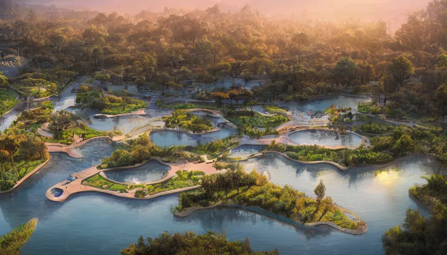 Prompt: concept art of an ecological park with a giant lake and paths around it in california, small white ecological hotels built around it, sunset light, hyperdetailed, artstation, cgsociety, 8 k