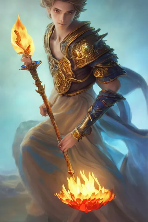 Image similar to legendary fairy prince hold flame staff, blue energy, highly detailed, d & d, fantasy, highly detailed, digital painting, trending on artstation, concept art, sharp focus, illustration, global illumination, ray tracing, realistic shaded, art by artgerm and greg rutkowski and fuji choko and viktoria gavrilenko and hoang lap