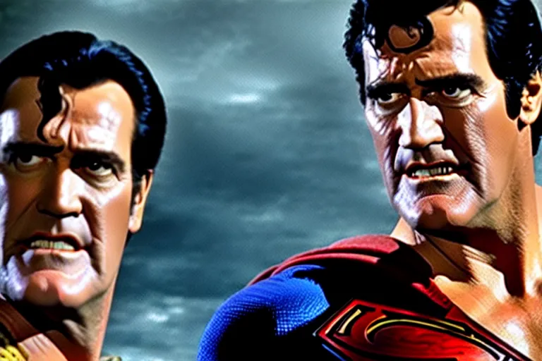 Image similar to bruce campbell playing superman in the evil dead