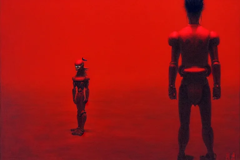 Image similar to only with red, a red samurai humanoid, tokio futuristic in background, yokai, in the style of beksinski, parts by edward hopper, parts by rodcenko, parts by yue minjun, intricate and epic composition, red by caravaggio, insanely quality, highly detailed, masterpiece, red light, artstation, 4 k