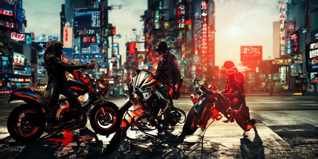 Prompt: Epic Battle Between a Squid Karate God and a Menacing prawn biker in a leather jacket, tokyo skyline, sunset, neon vibe, cyberpunk lighting, cinematic lighting, anamorphic lens, dramatic shadows,