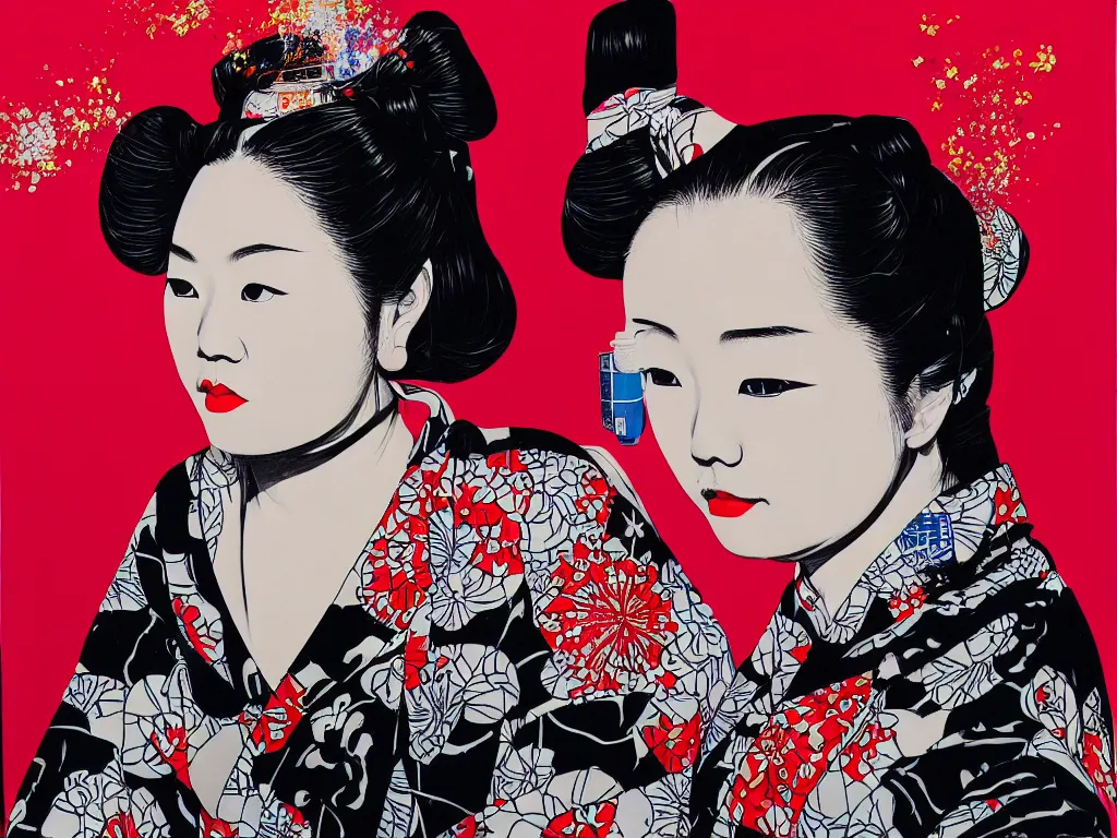 Image similar to hyperrealism composition of the detailed woman in a japanese kimono sitting at an extremely detailed poker table with darth vader, fireworks on the background, pop - art style, jacky tsai style, andy warhol style, acrylic on canvas