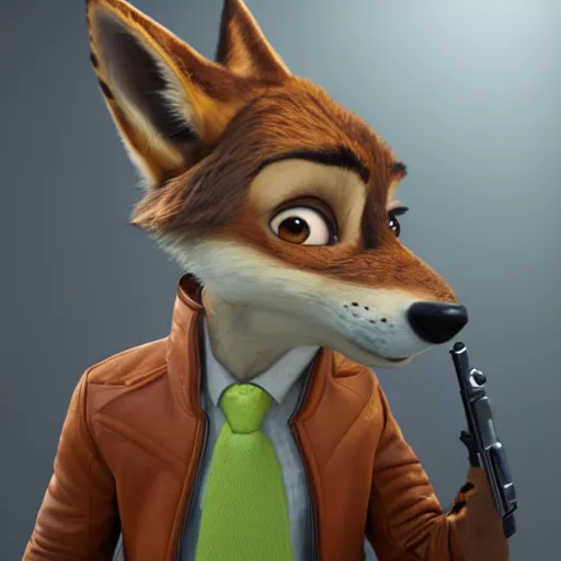 Prompt: portrait, 3 d render, anthropomorphic coyote male, wearing along brown leather maxi coat, holding a gun, in the style of zootopia