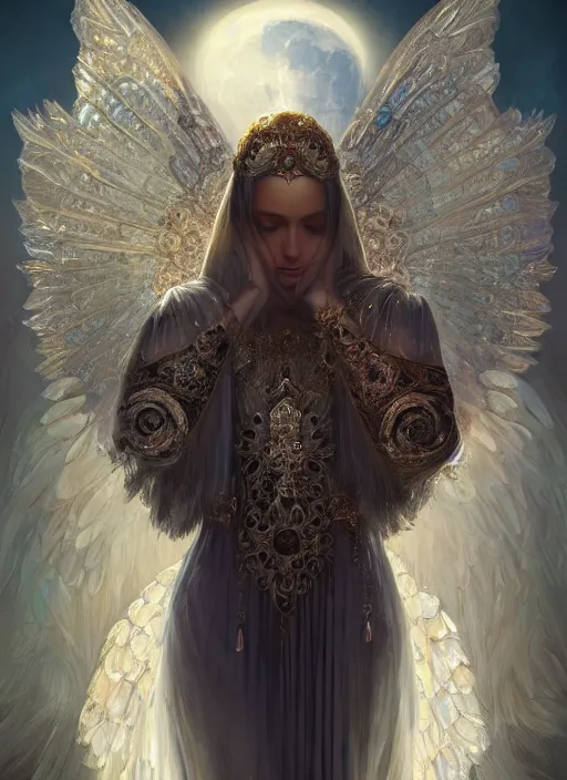 Image similar to A beautiful digital painting of a female Seraphim full of jewels, princess, the moon behind her, intricate, cinematic lighting, highly detailed, digital painting, Artstation, concept art, smooth, sharp focus, illustration, art by Tom Bagshaw, Artgerm and Greg Rutkowski