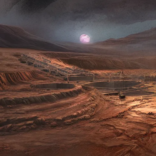 Prompt: matte painting of a sci - fi mining work exploring toxic sulfur pools of hestia rupes mars landscape, highly detailed, vidid, epic scenery, windy, at dusk