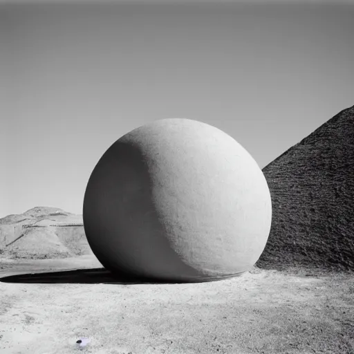 Image similar to a Non-Euclidean orb-like clay house sitting in the desert, vintage photo, beautiful cinematography, blue sky, film grain