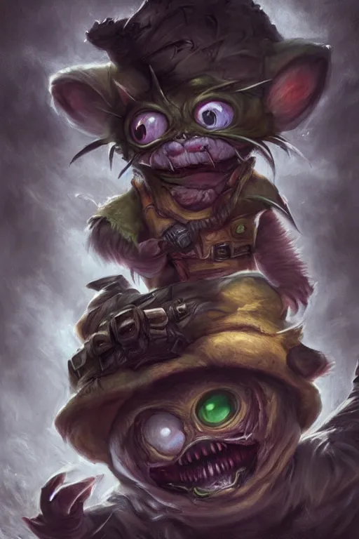 Prompt: beautiful portrait painting of a horrifying terrifying scary ominous detailed teemo from league of legends, fantasy horror, game concept art, hyperrealism, dark surrealism, gothic