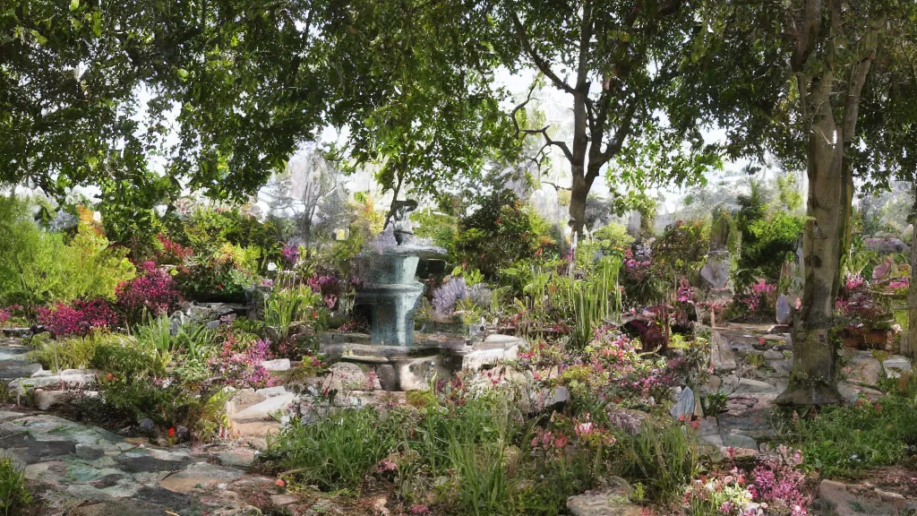 Image similar to tranquil painting of purple garden with green trees and a water fountain in the middle of garden, detailed, 8k, mesmerizing, low saturation, high resolution